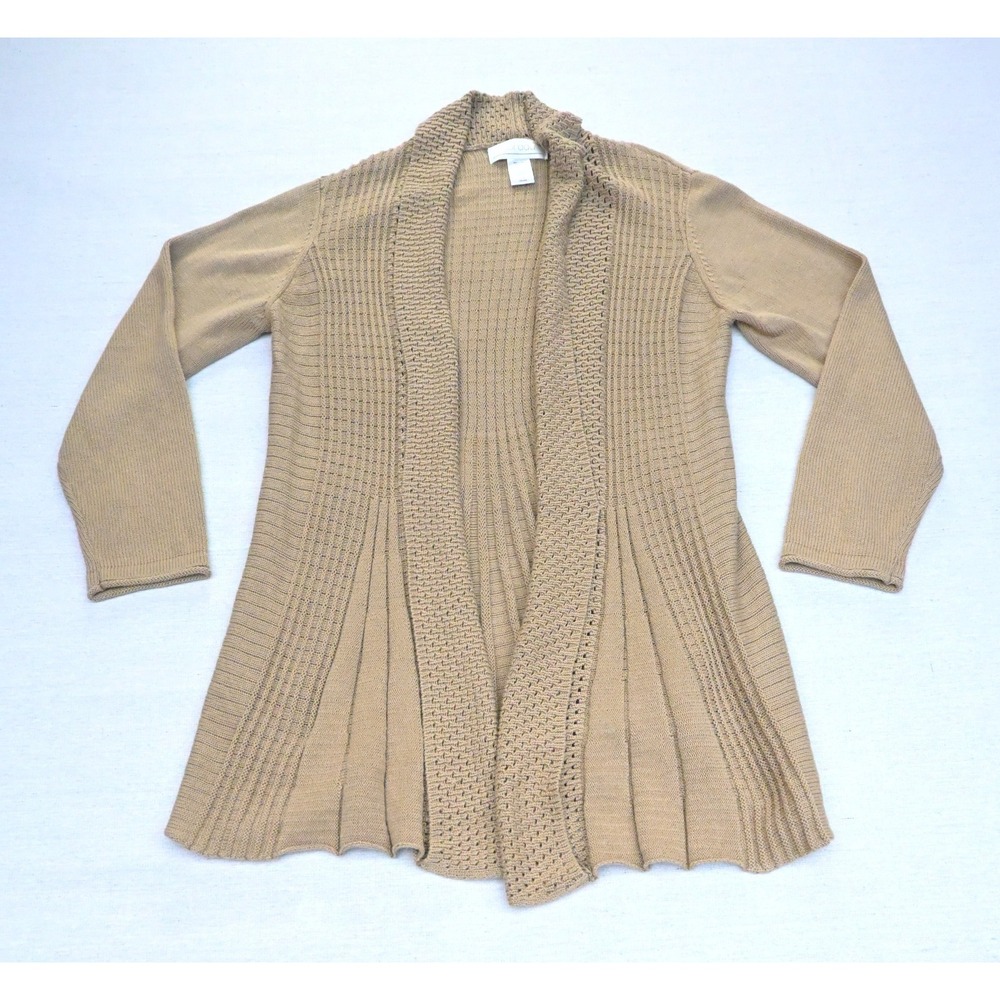 Maurada Womens M Cotton Waterfall Cardigan Tan Open Front Pointelle Knit Flared